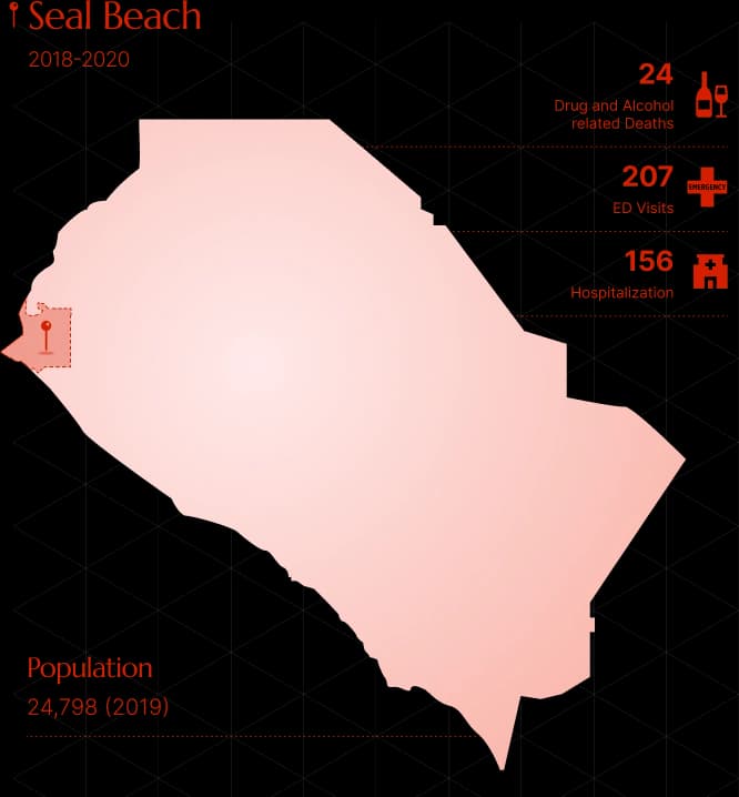 Drug Rehab in Seal Beach - Infographic showing drug and alcohol-related deaths, hospitalizations, and ER visits in Seal Beach — highlighting the urgent need for quality rehab programs.