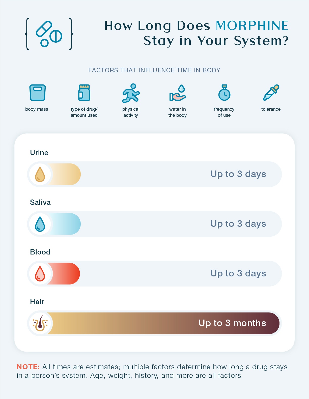 How long does Morphine stay in your system? This chart shows how long Morphine stays in urine, saliva, blood, and hair